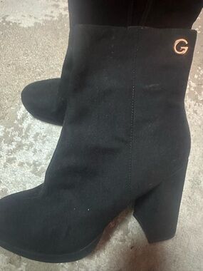 G by Guess Black Suede-Look Block Heel Ankle Boots with Gold G Accent